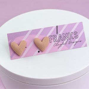 Tan Textured Handmade Polymer Clay Heart Stud Earrings